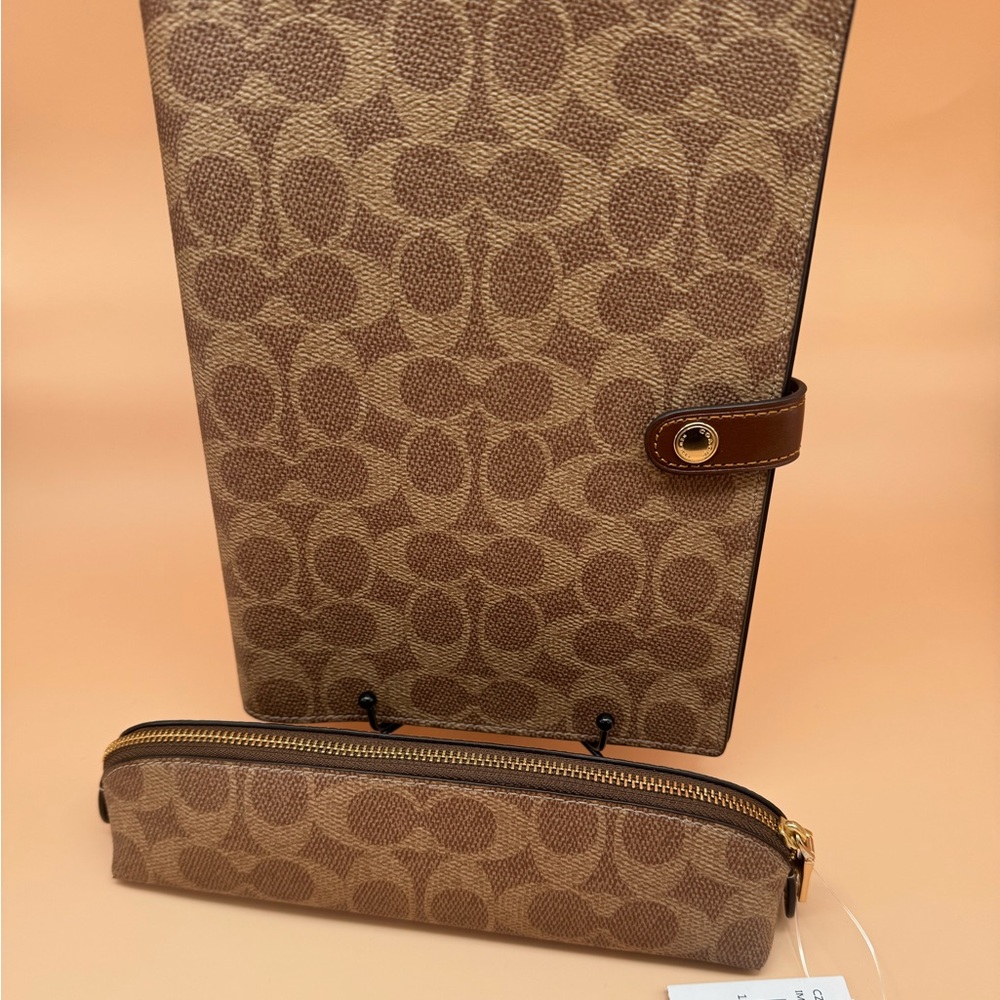 Coach Brown Signature Print Journal Cover and Pencil Case Set